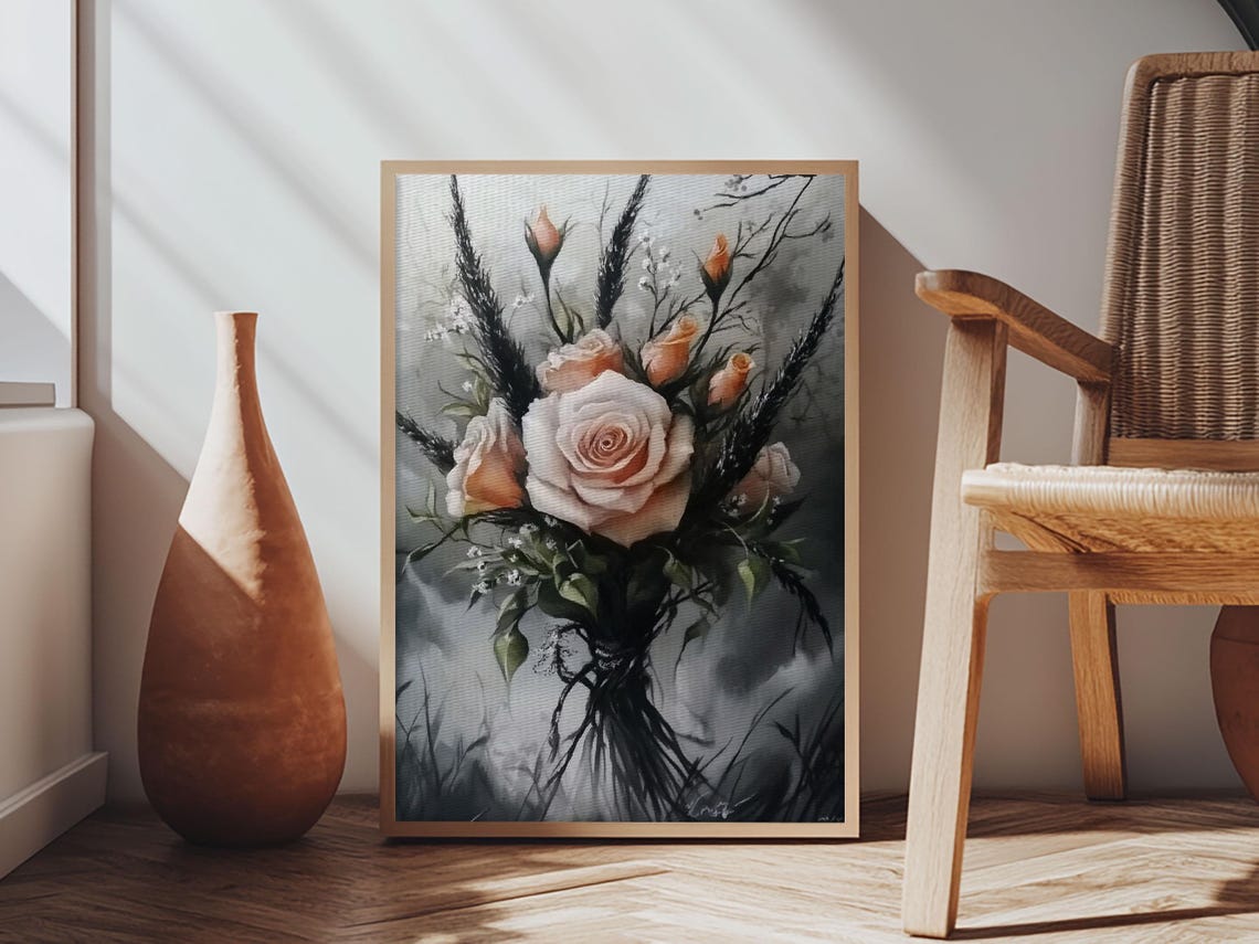 Moody Dark Cottagecore Bouquet Pale Roses Dramatic Floral Wall Art - Image 5