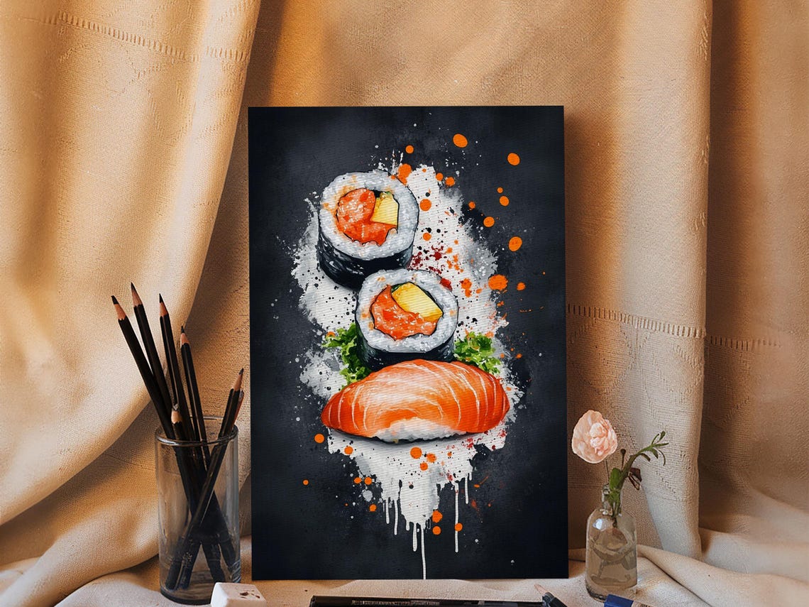 Abstract Oil Painting Print Of Sushi On Black Background Food Review Kitchen Art Kitchen Decor Wabi Sabi Wall Art Sushi Painting