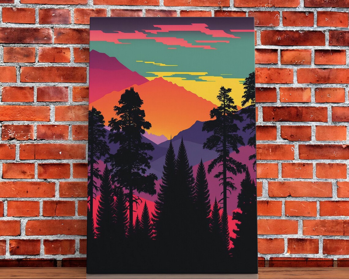 Pacific Northwest Pop Art Framed Prints Washington State Pine Tree Forest And Mountain Landscape At Sunset Vibrant Art - Image 5