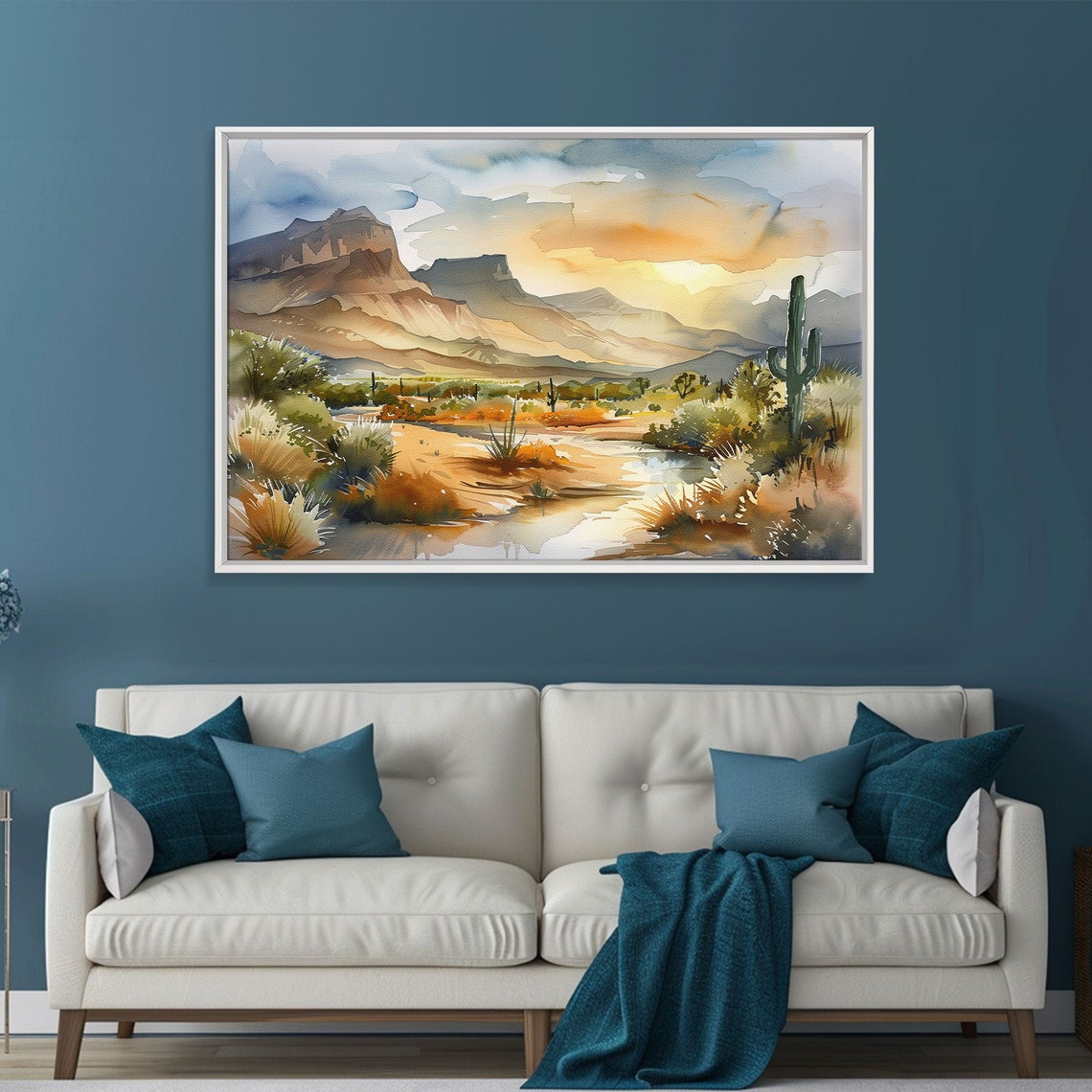 Arizona Desert Watercolor Mesa Saguaro Cactus Pond Golden Sunset Print - Image 6