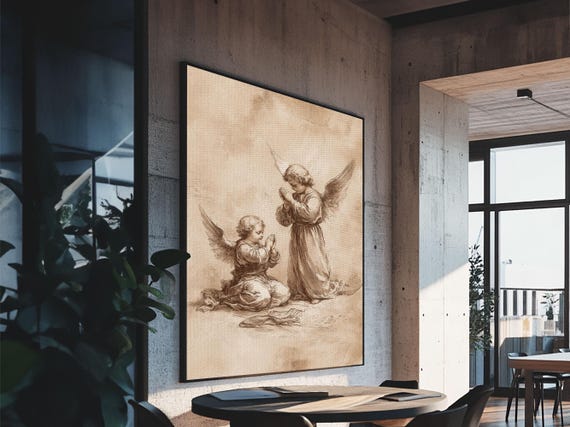 Guardian Angel Wall Art Angel Painting Print Angel Decor Angelic Wall Art Cute Cherub Angel Sketch Art