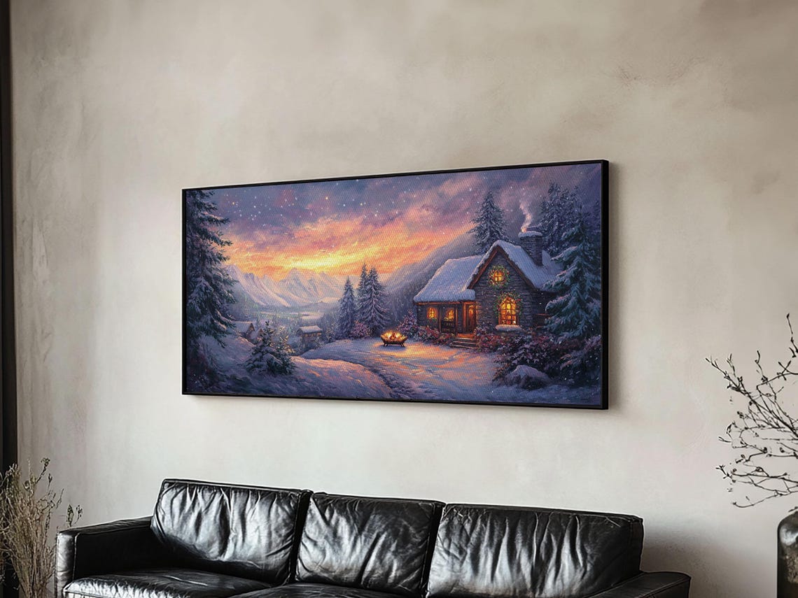 Snowy Mountain Cabin At Sunset With Fire Pit Winter Scene Poster - Image 6