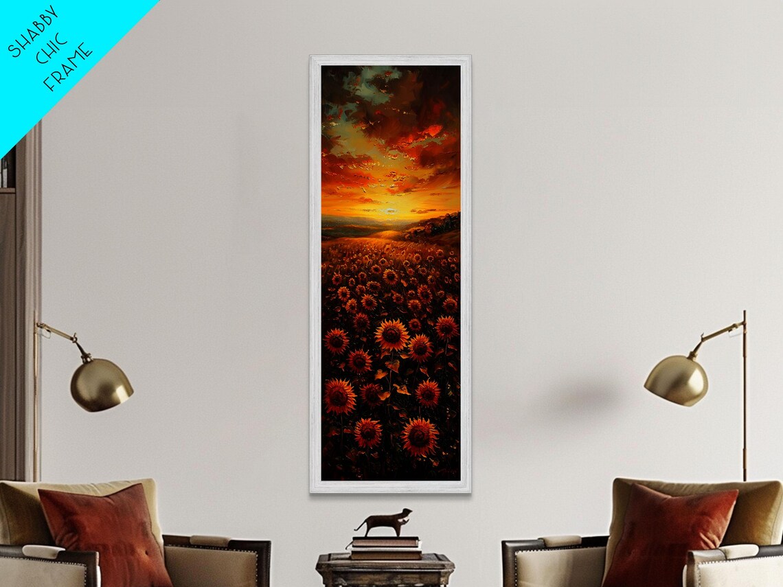 Sunflower Field Fiery Sunset Golden Sky Dramatic Floral Art Poster - Image 2