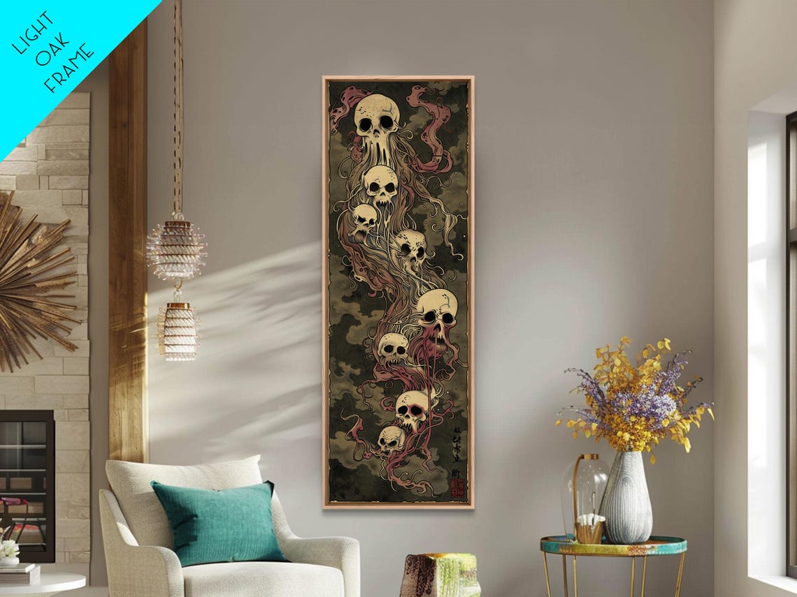 Hauntingly Beautiful Floating Skulls On Tall Vertical Print Featuring Japanese Ghostly Art In Eerie Style - Image 6