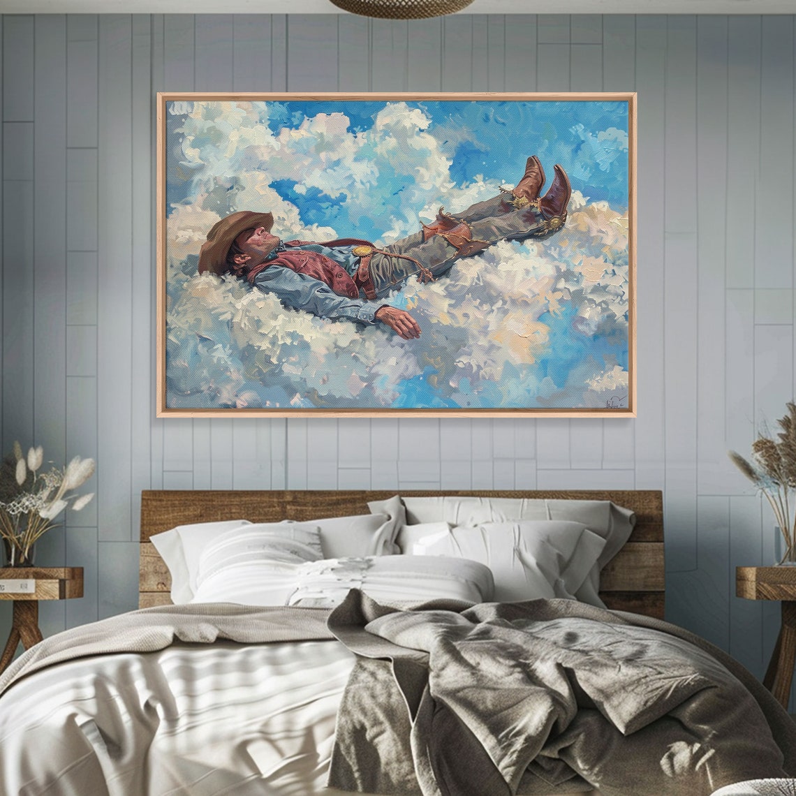 Cowboy Floating On White Clouds Dreamy Sky Western Art Poster - Image 4