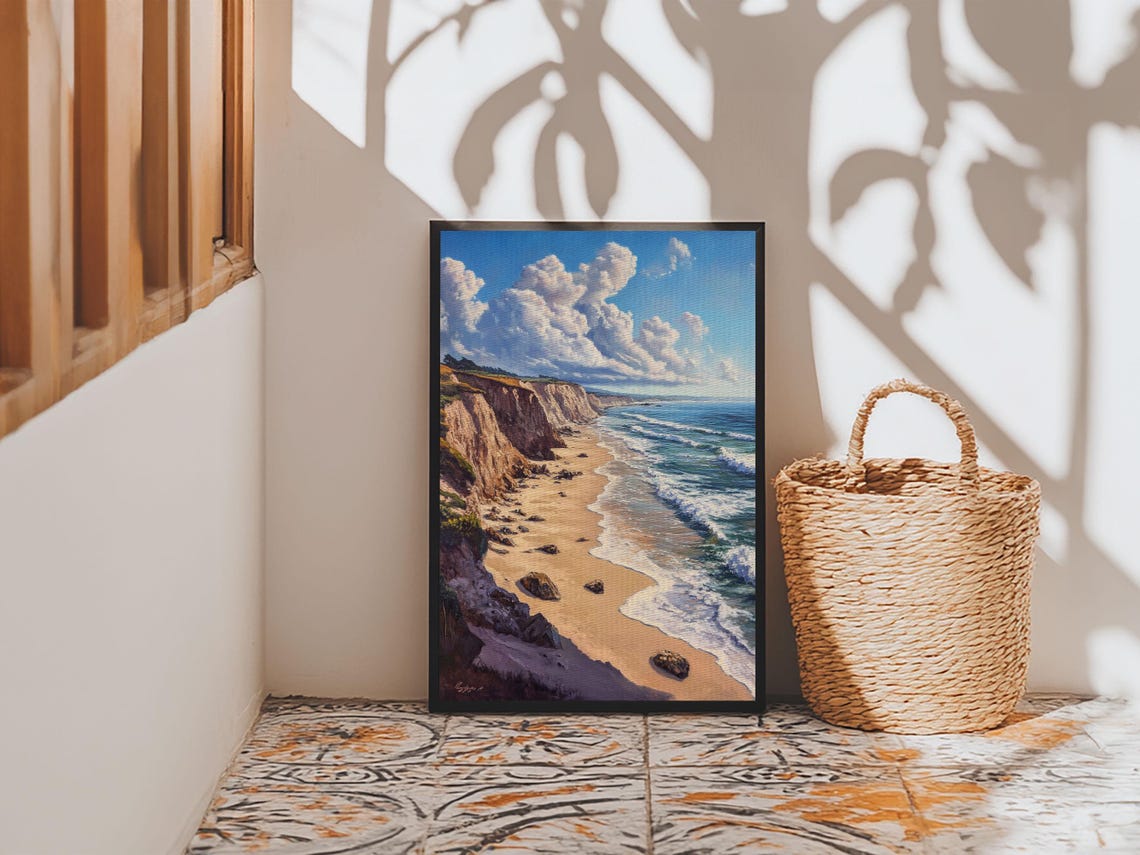 Sunny Beach Cliffs Turquoise Ocean Waves Coastal Seascape Art Poster
