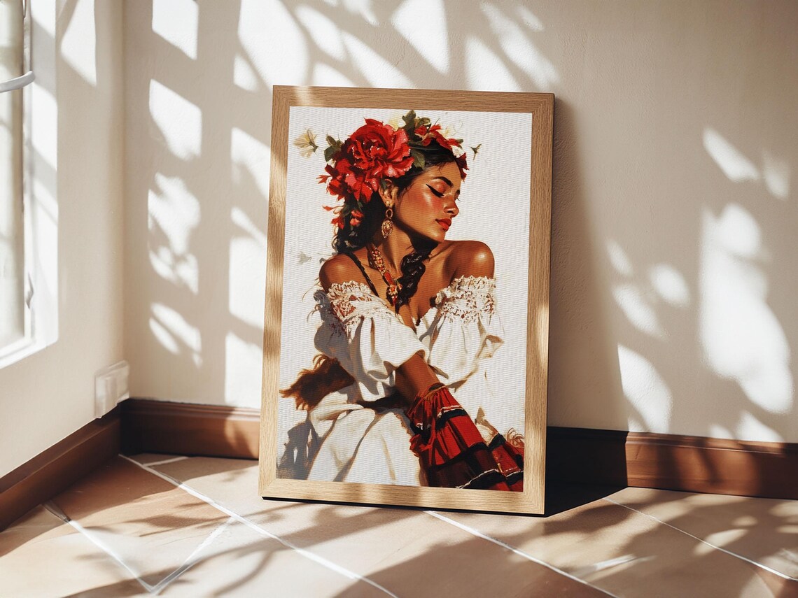 Mexican Floral Latina Portrait Art Print, Southwestern - Image 3