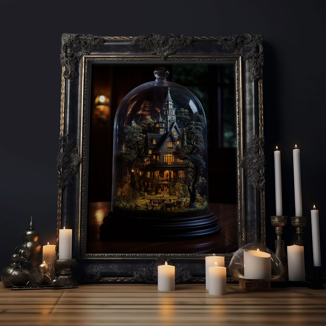 Halloween Snowglobe Art Print, Haunted Victorian Mansion