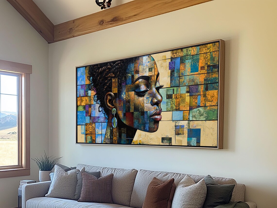 African Woman Mosaic Portrait Geometric Blue Gold Abstract Art Poster - Image 4