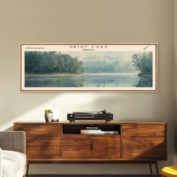 Geist Lake Indiana Framed Print Panoramic Lake House Decor Wall Art Travel Poster Peaceful Lake Painting Nature Art