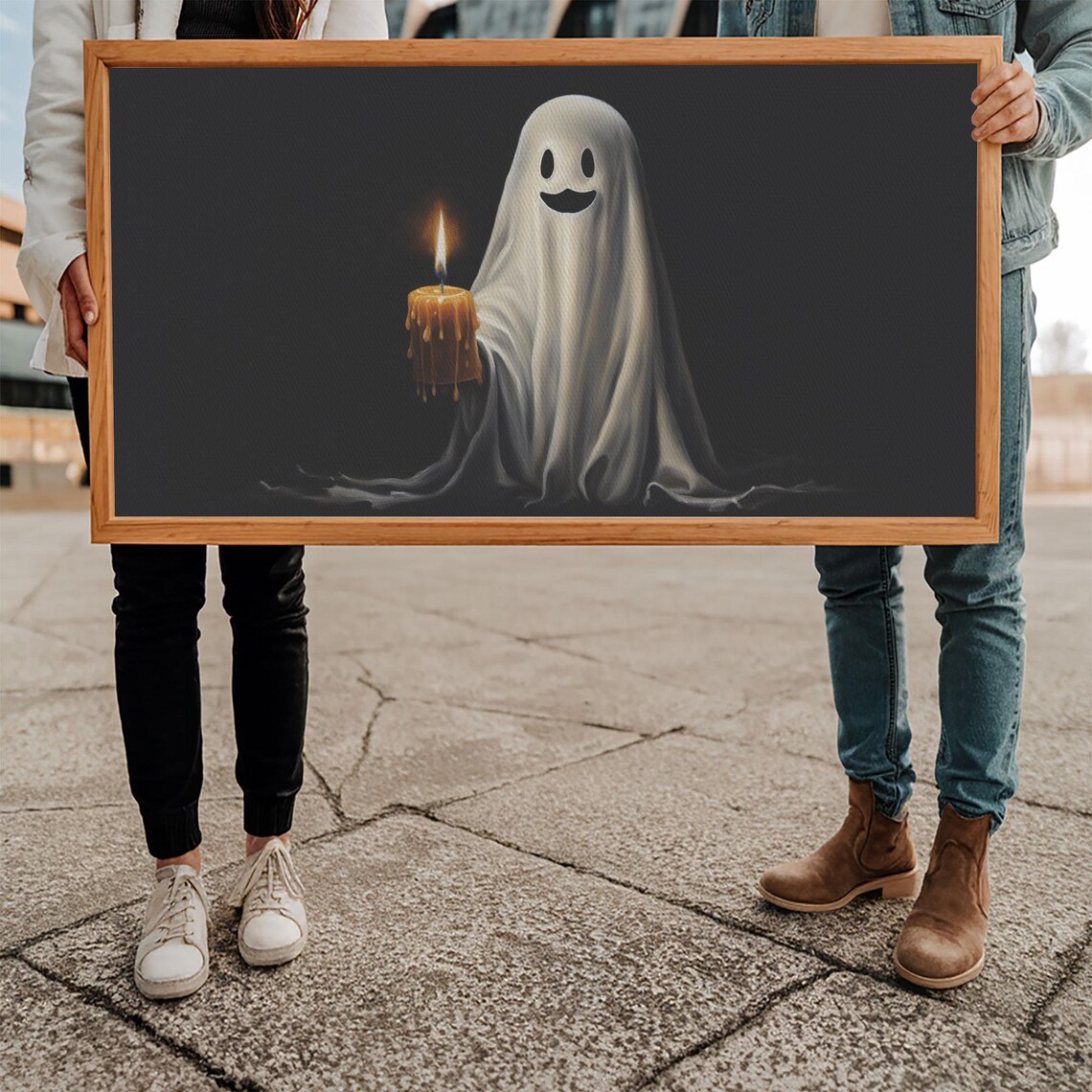 Smiling Ghost Holding Candle Cute Halloween Oil Painting Dark Poster