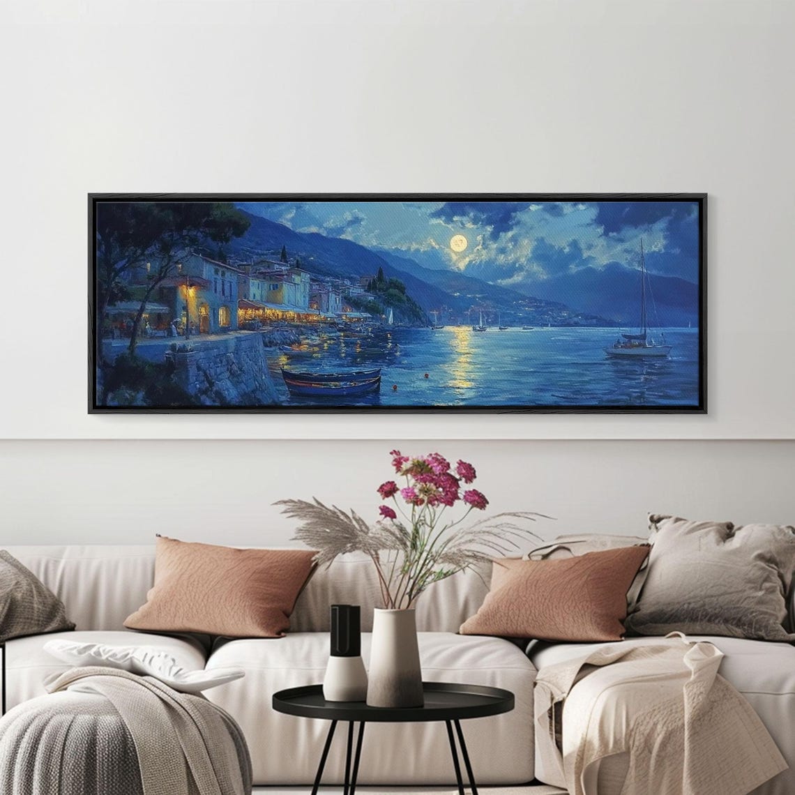 Fishing Village At Midnight Under Full Moon Harbor Night Poster - Image 6