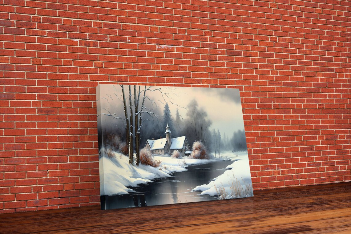 Snow Covered Landscape Church Art, Boho Minimalist Modern - Image 6