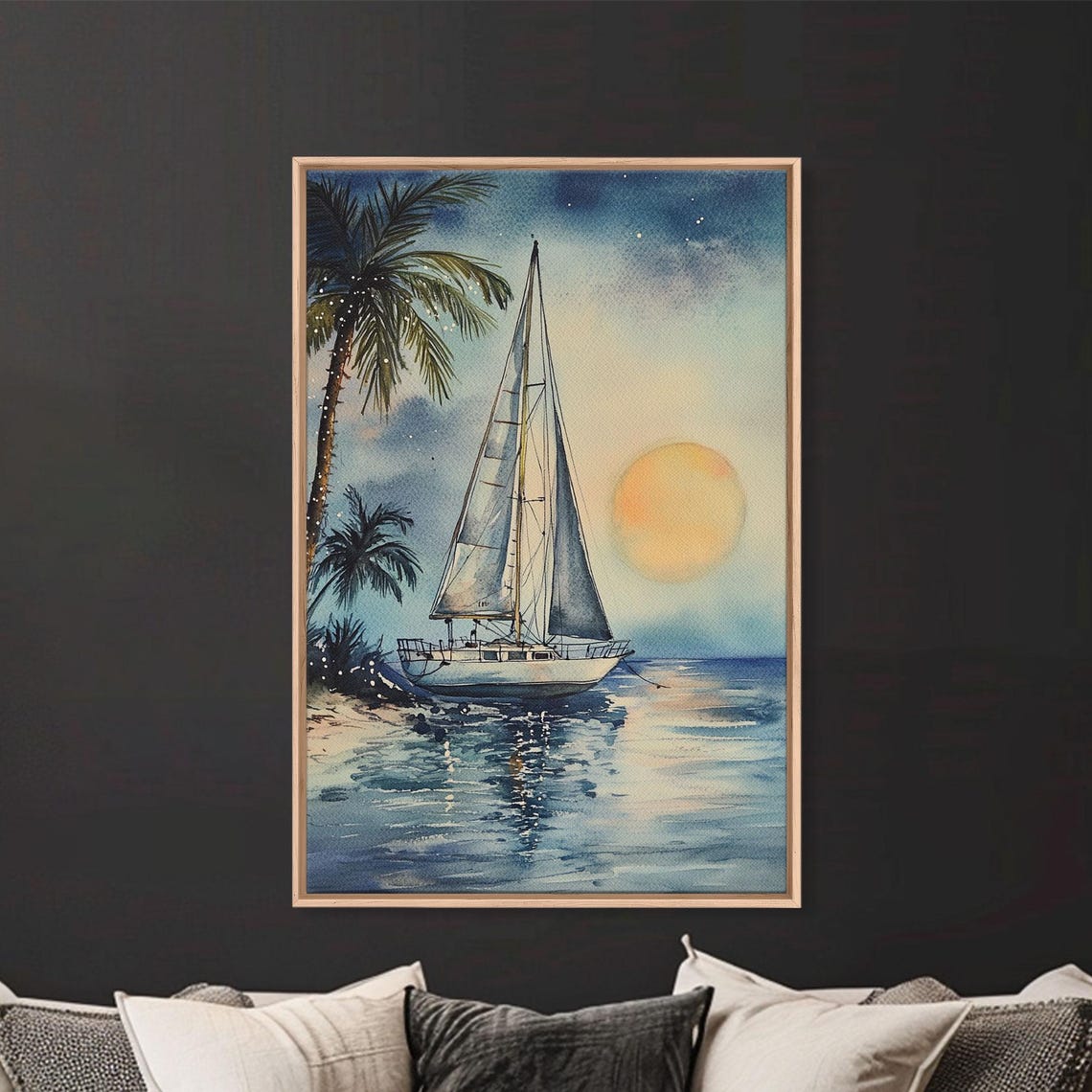 Sailboat At Tropical Beach Under Rising Moon At Night Poster
