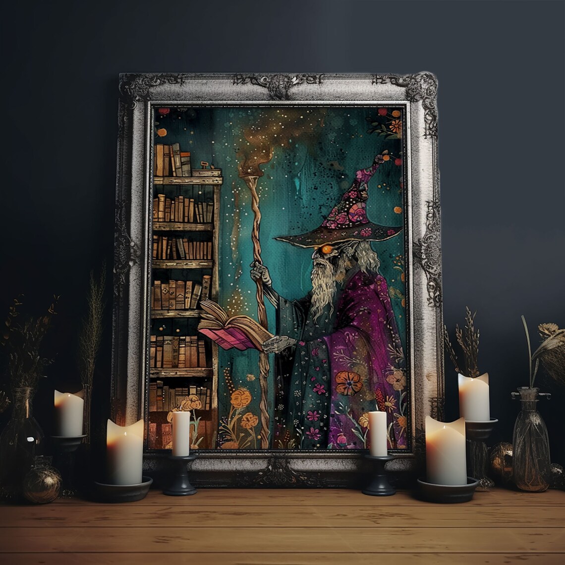 Halloween Eerie Wizard in Haunted Library, Gothic Art