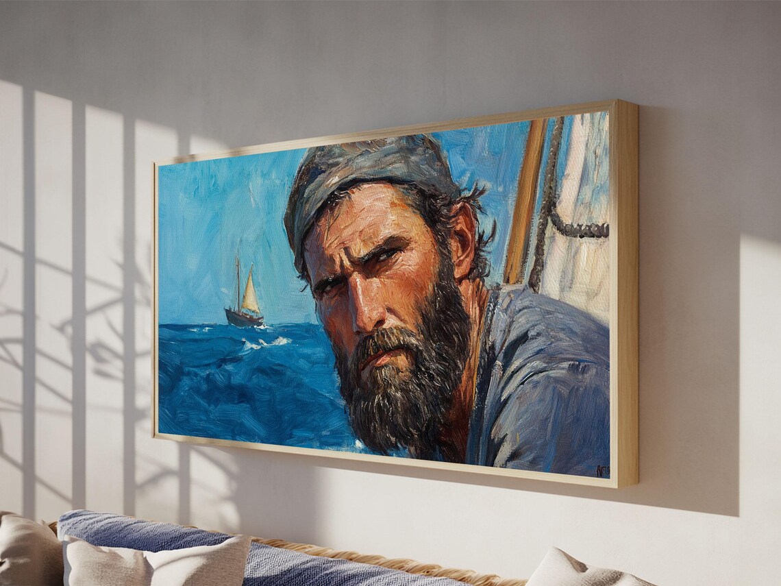 Bearded Fisherman Portrait Oil Painting Sea Captain with Sailboat Wall Art - Image 3