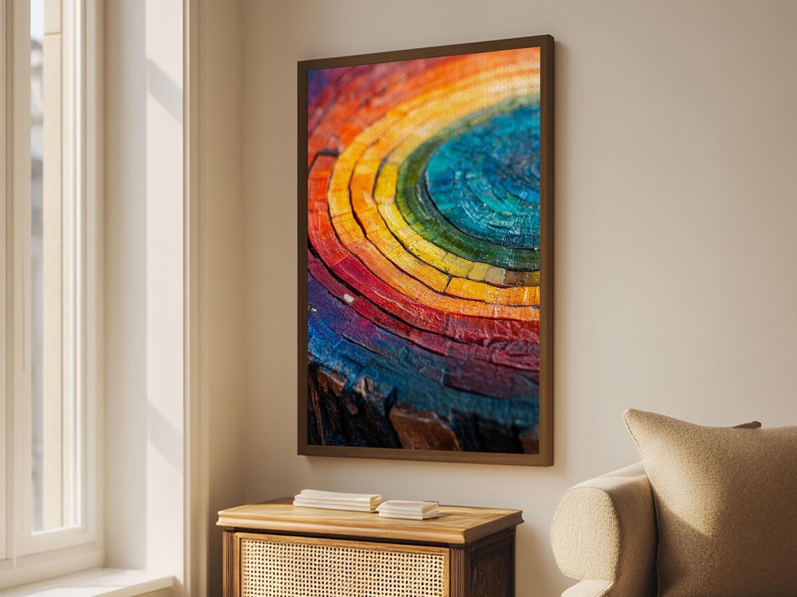 Rainbow Tree Rings, Retro Style Rustic Wall Art - Image 3