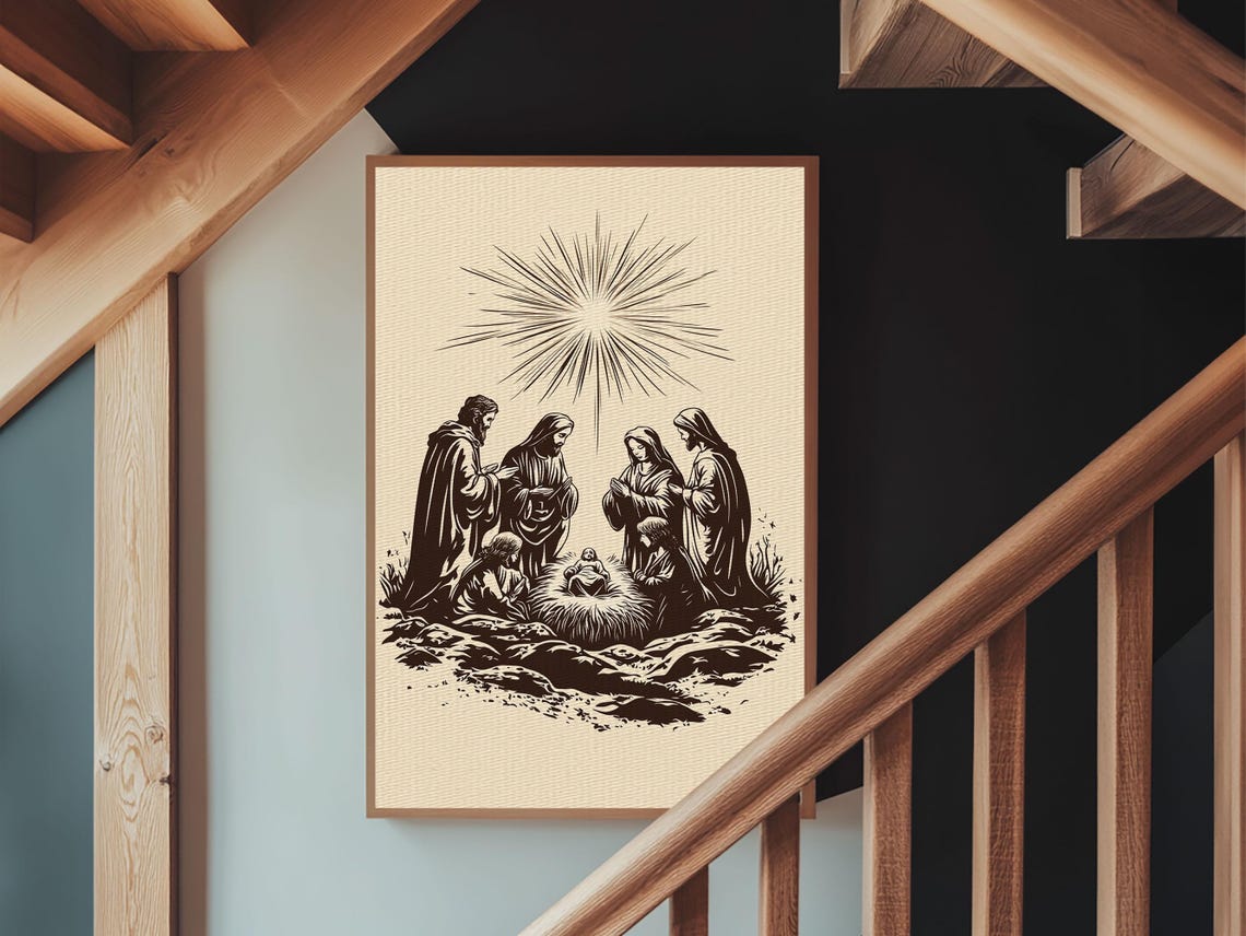 Nativity Scene Under Radiant Star Black Silhouette Christmas Poster - Image 6