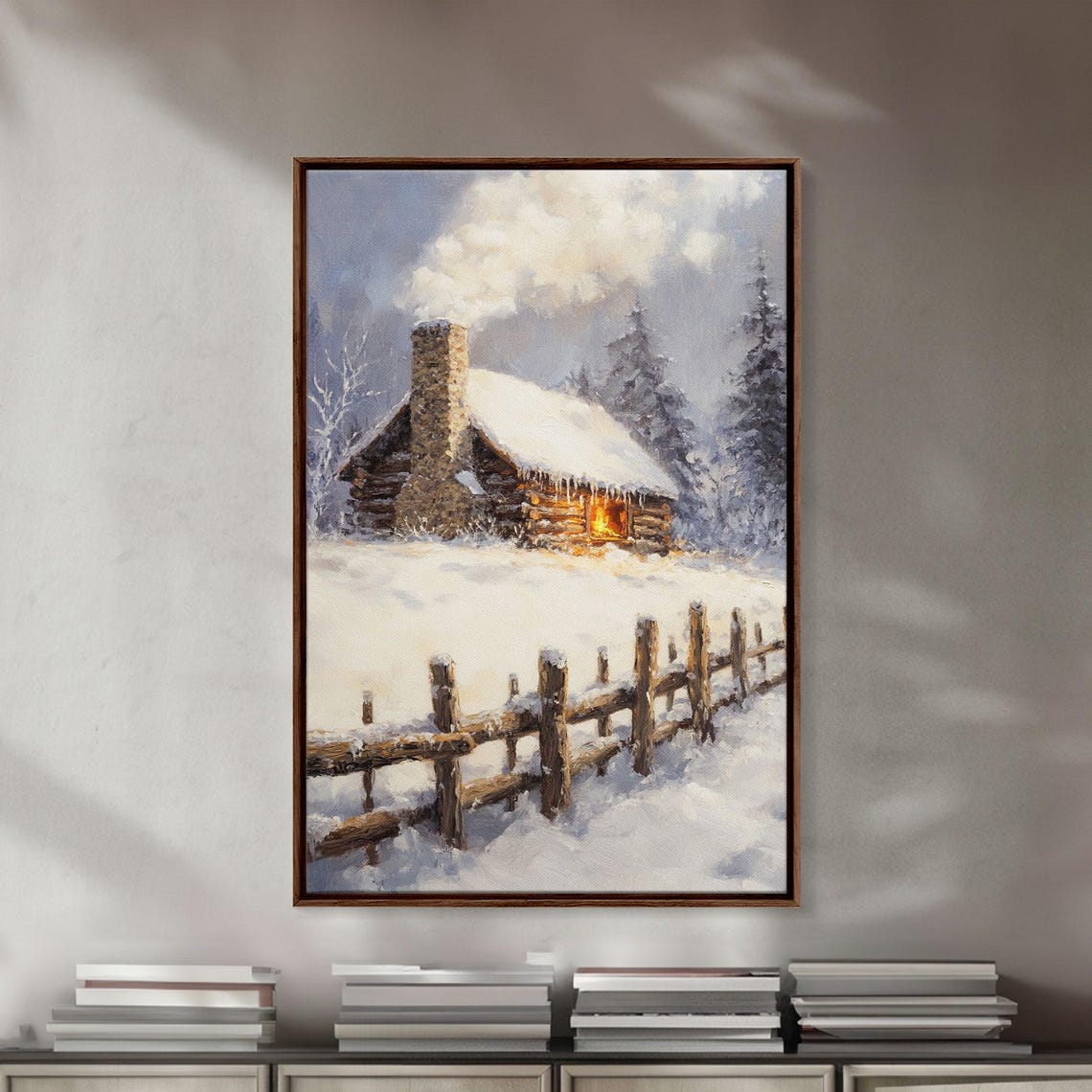 Rustic Log Cabin In Snow With Glowing Window And Fence Poster - Image 4