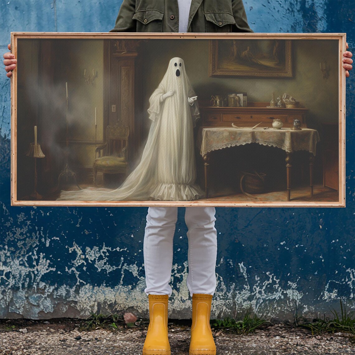 Friendly Sheet Ghost Haunting Victorian Parlour Oil Painting Print - Image 6