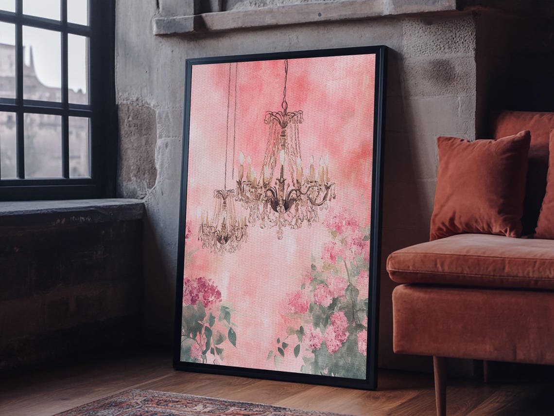 Pink Chandelier Watercolor Crystal Lights Floral Elegant Wall Poster - Image 2