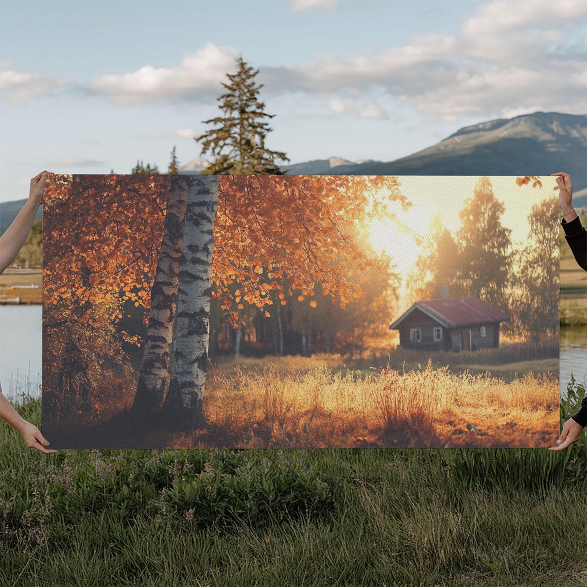 Cozy Autumn Cabin Birch Trees Golden Fall Sunset Landscape Poster - Image 2