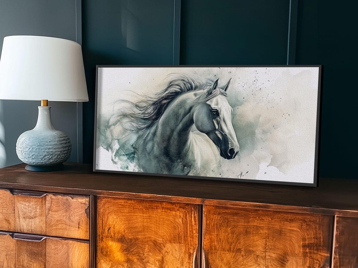 White Horse Flowing Mane Elegant Watercolor Equine Portrait Poster - Image 3