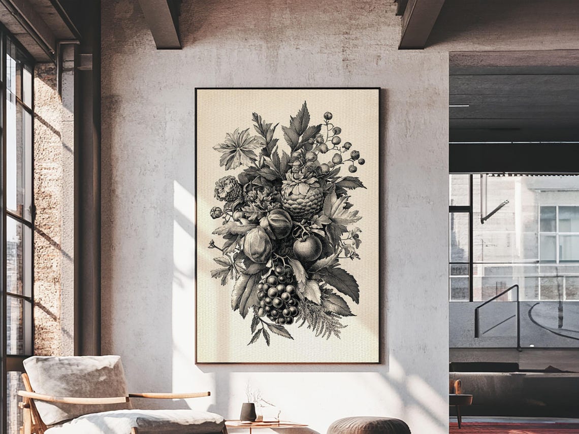 Vintage Fruit and Foliage Bouquet Black Botanical Engraving Art Print - Image 3