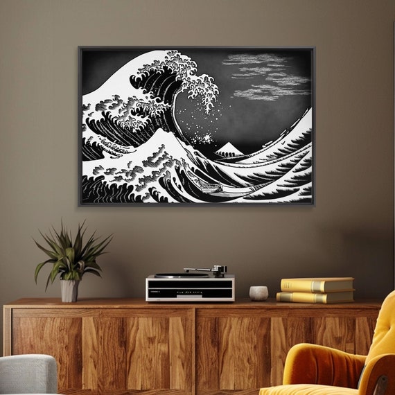 Black And White Wave Print Hokusai Inspired Wall Art Woodblock Print Style Wall Art Vintage Style Wall Art