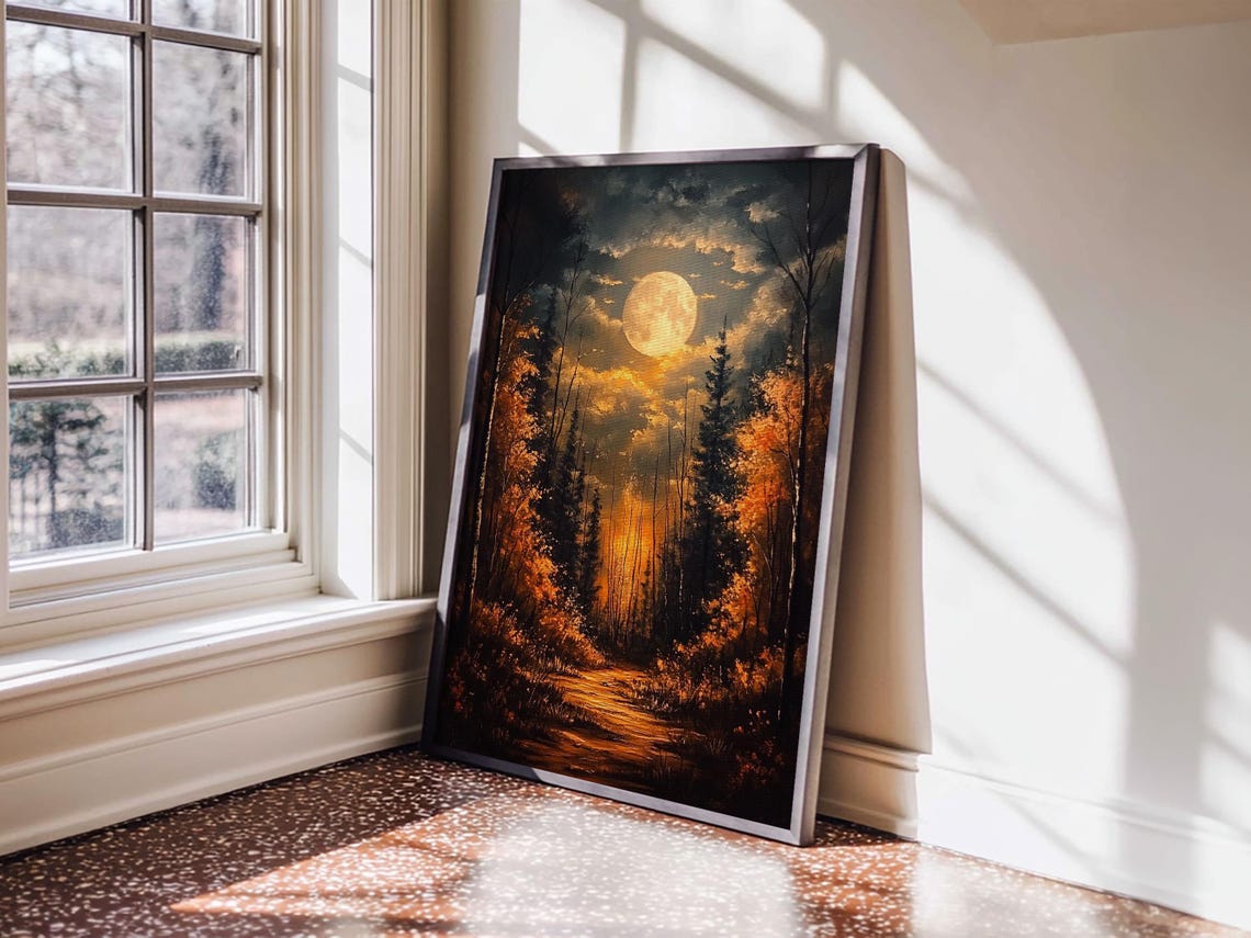 Full Moon Over Spooky Autumn Forest Golden Night Path Art Print - Image 6