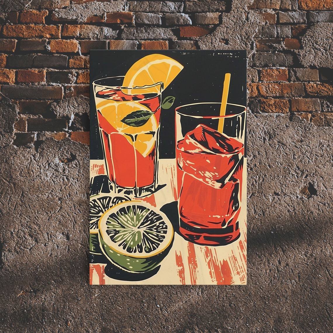 Retro Citrus Red Cocktails Block Print Style Bar Cart Decor Poster