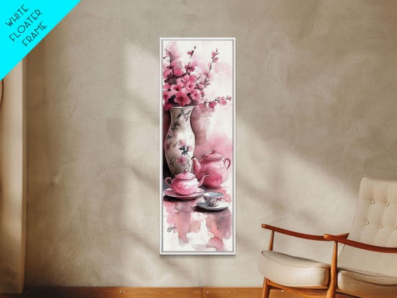 Tea Set Print Pastel Tea Set With Cherry Blossom Vase Vintage Cottagecore Wall Art Living Room Or Farmhouse Kitchen Decor