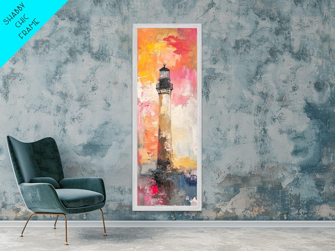 Abstract Lighthouse Painting Pink Orange Sunset Coastal Art Poster - Image 6