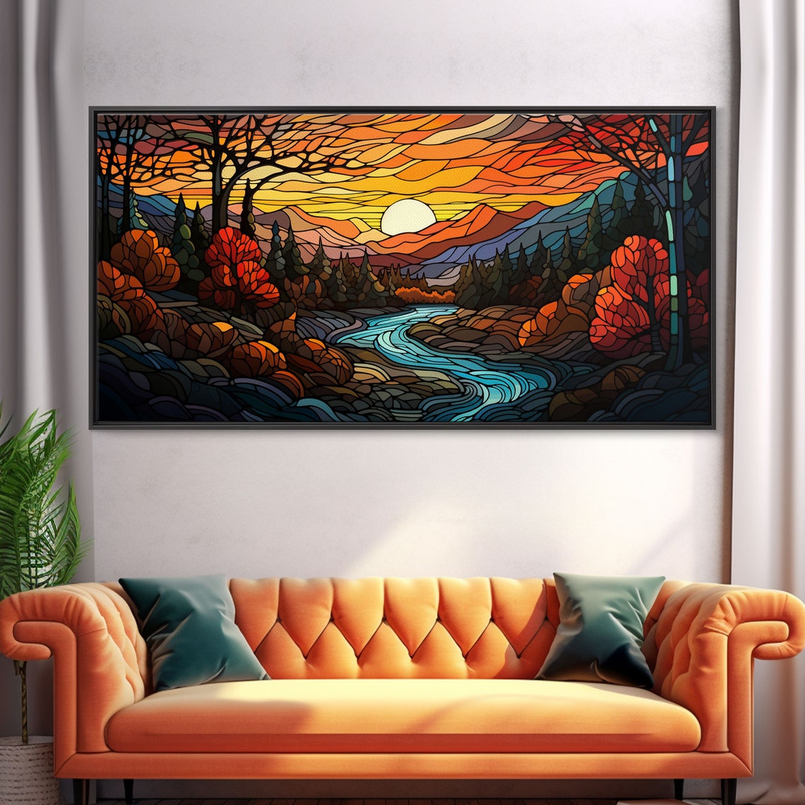 Stained Glass Style Sunset River Mountains Fall Landscape Poster - Image 5