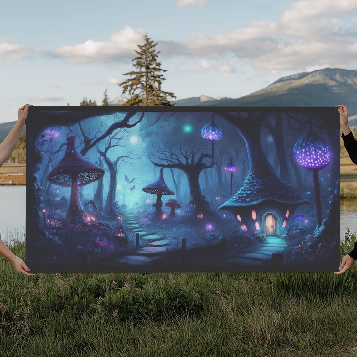 Magical Glowing Mushroom Forest Night Fairy House Fireflies Poster
