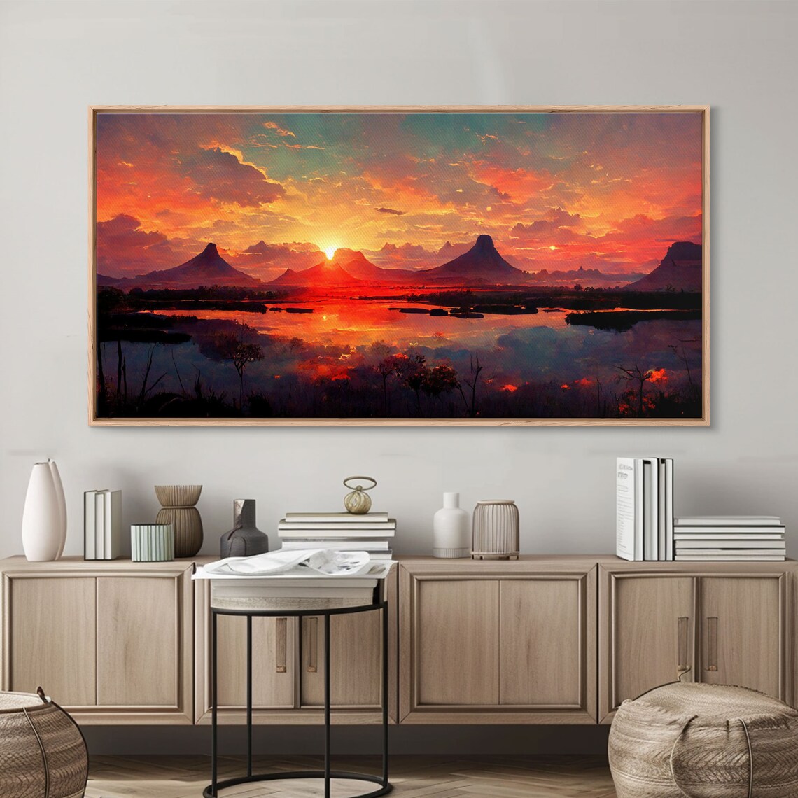 Mountain and Lake Sunset Oil Painting Art Print - Image 5