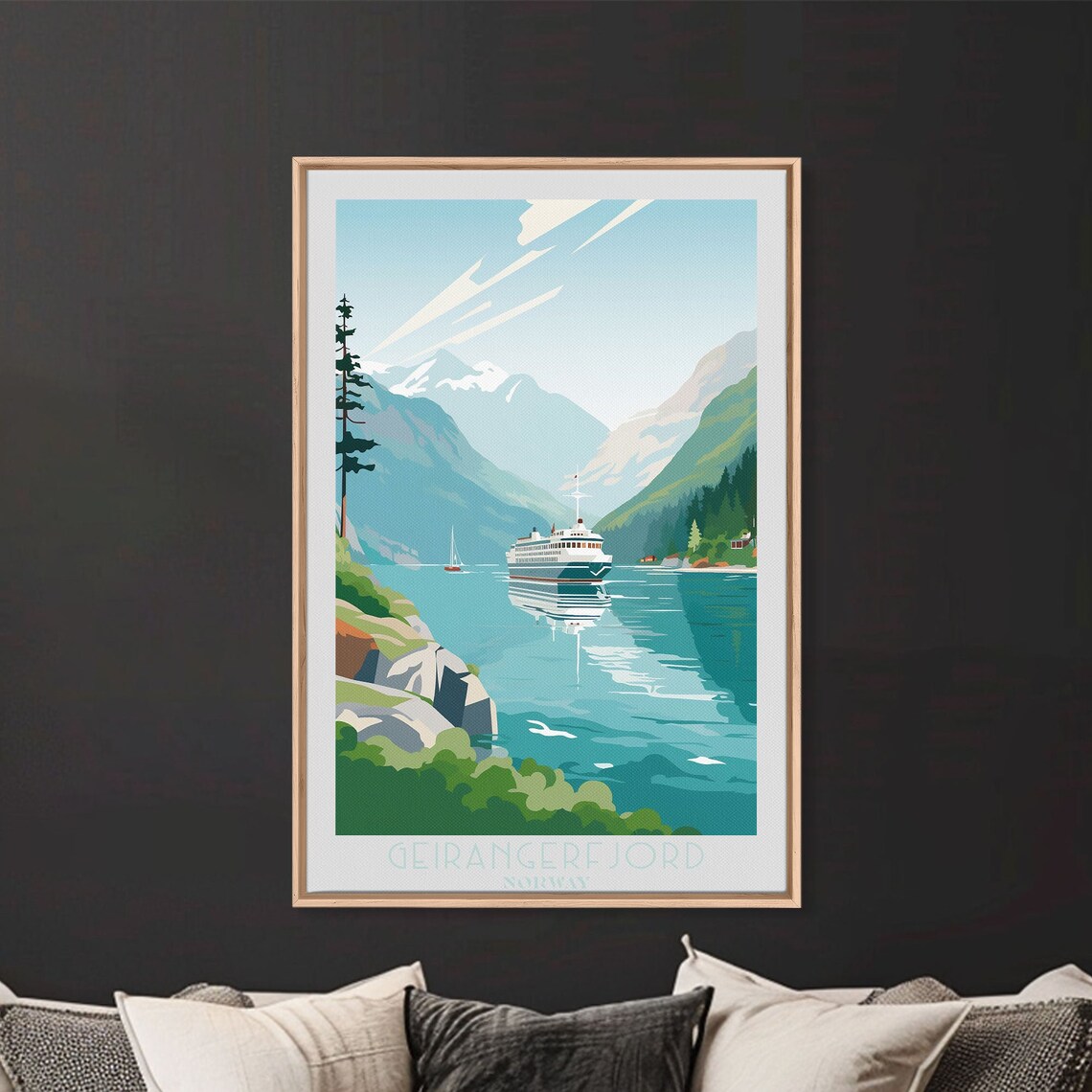 Geirangerfjord Norway Cruise Ship Fjord Snowy Peaks View Poster - Image 2