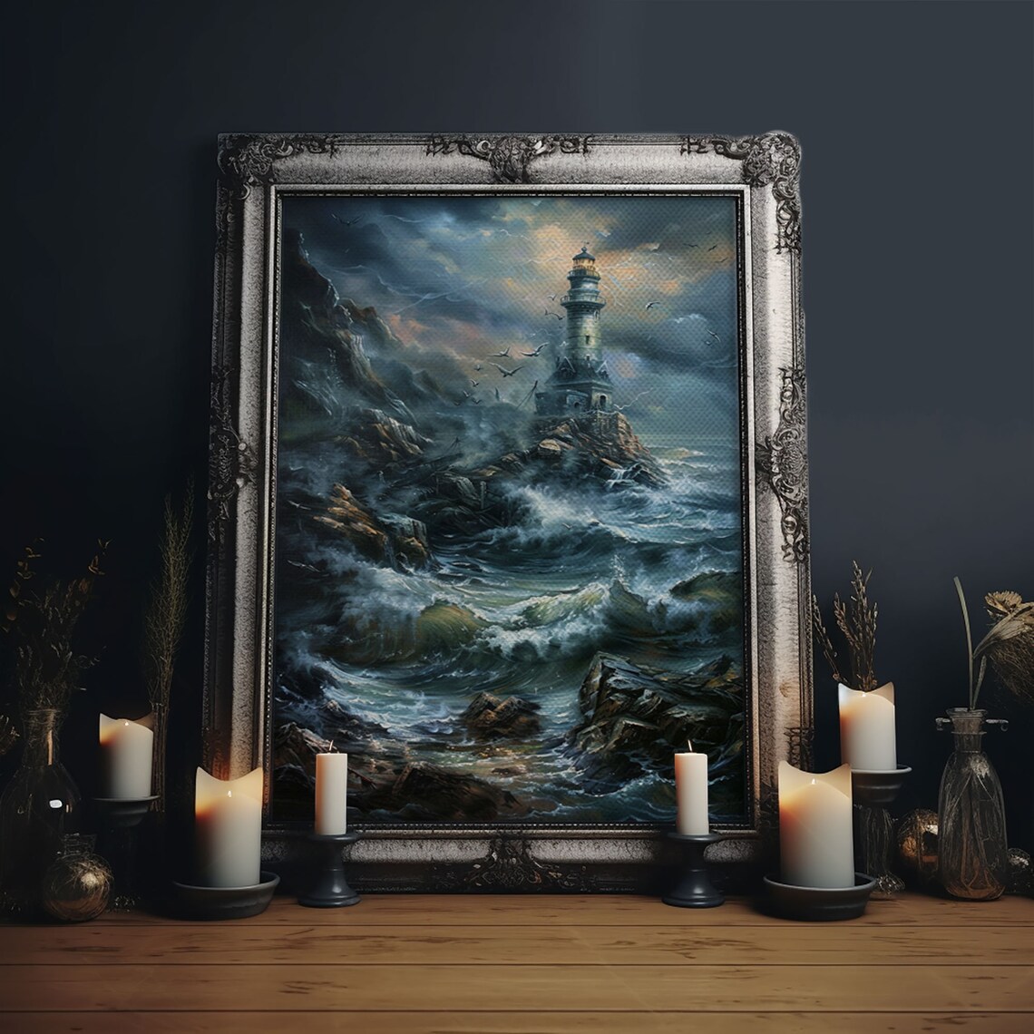 Haunted Lighthouse Halloween Art Print, Spooky Decor