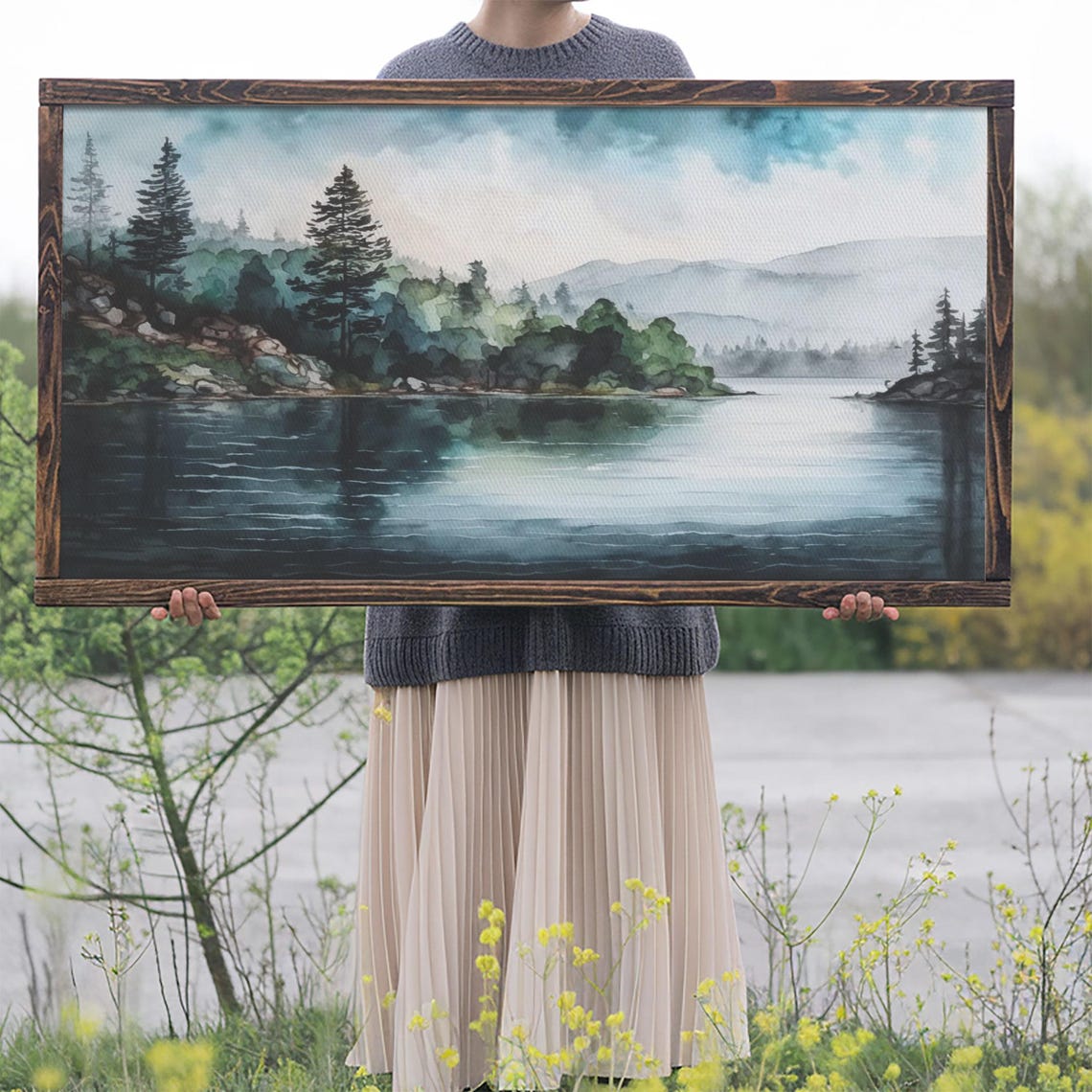 Minimalist Lake Landscape Pine Trees Misty Mountains Calm Water Print - Image 2