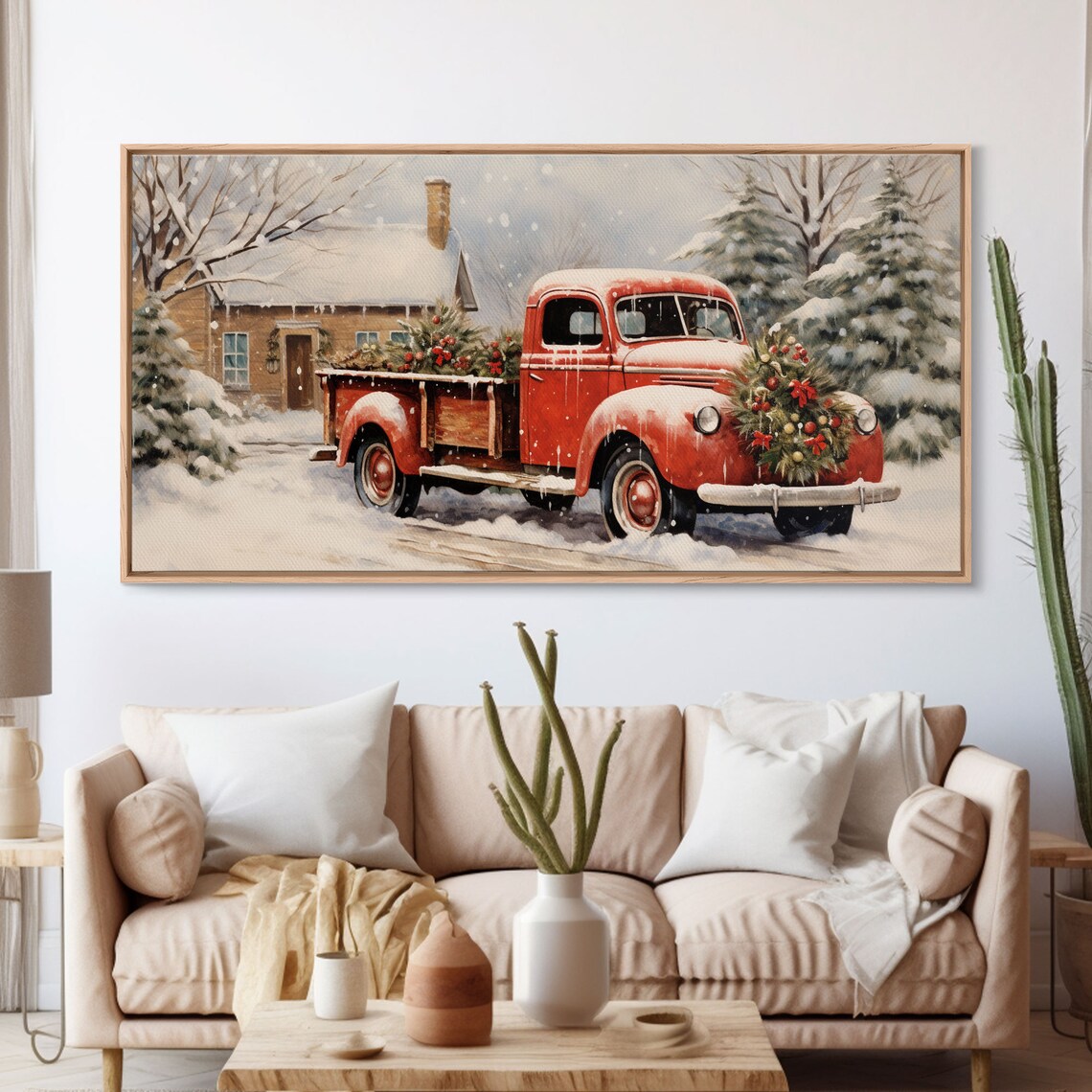 Vintage Red Pickup Truck Christmas Tree Snowy Farm Scene Poster - Image 3