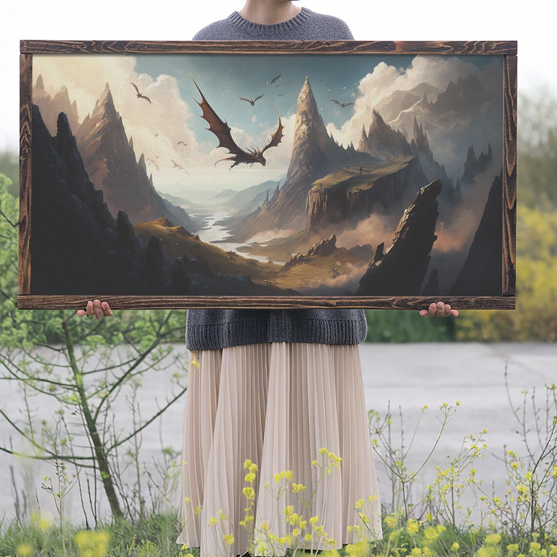 Dragons Flying Over Mountain Valley Epic Medieval Fantasy Landscape Poster - Image 2
