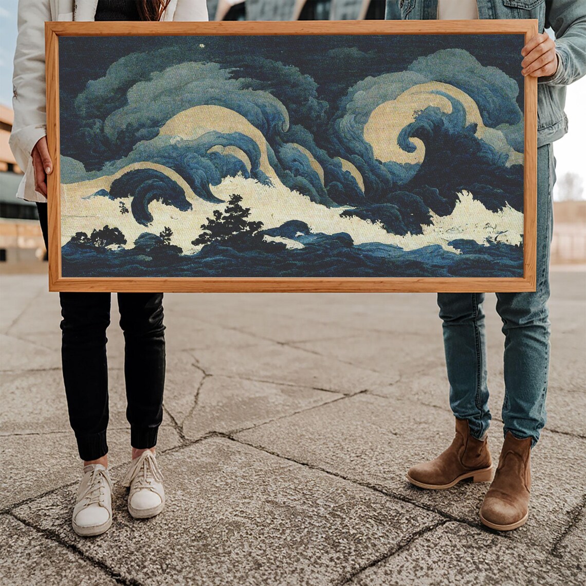Japanese Style Stormy Sea Crashing Indigo Waves Pine Dramatic Wall Art Poster - Image 5