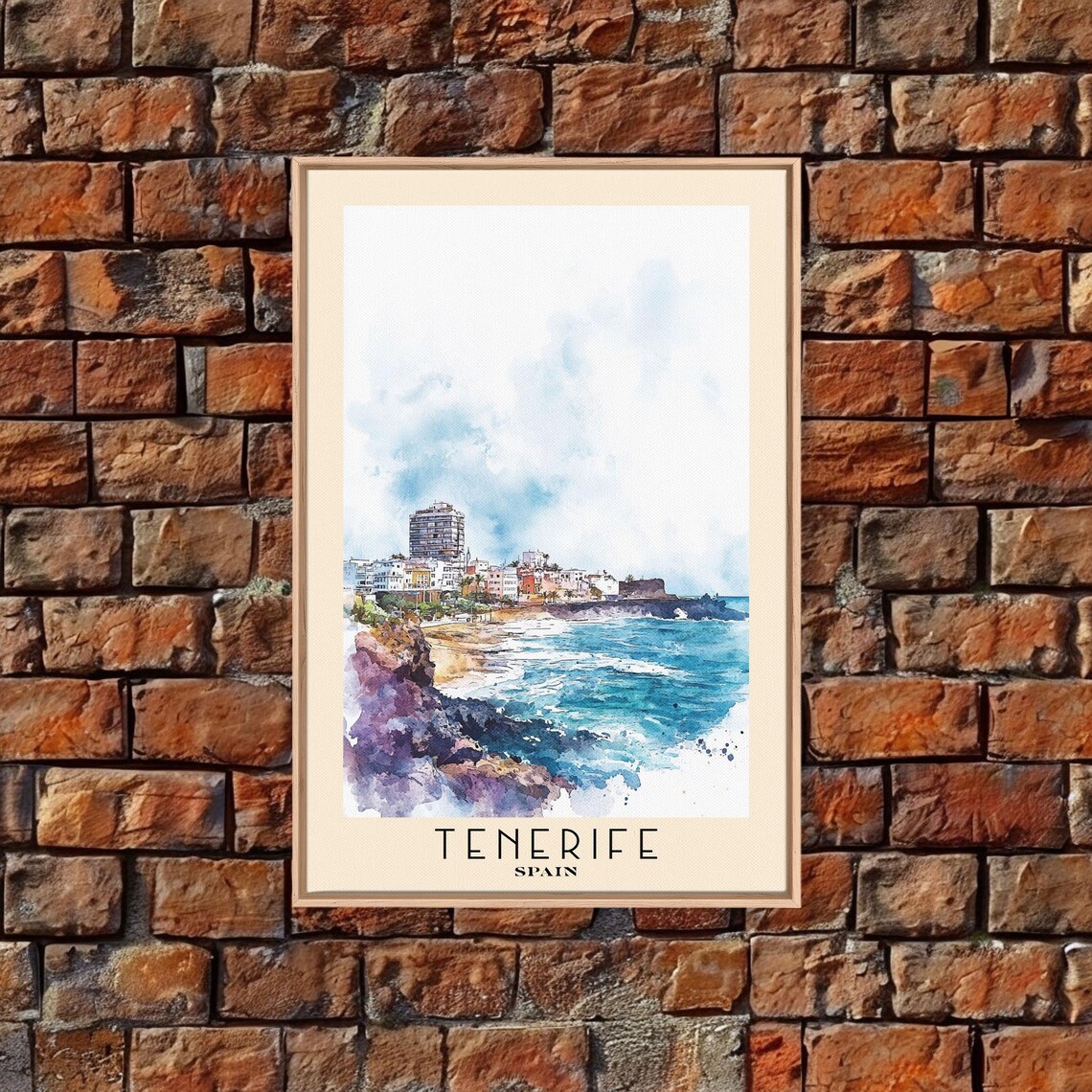 Tenerife Spain Coastal Town Rocky Cove Turquoise Sea Watercolor Poster - Image 5