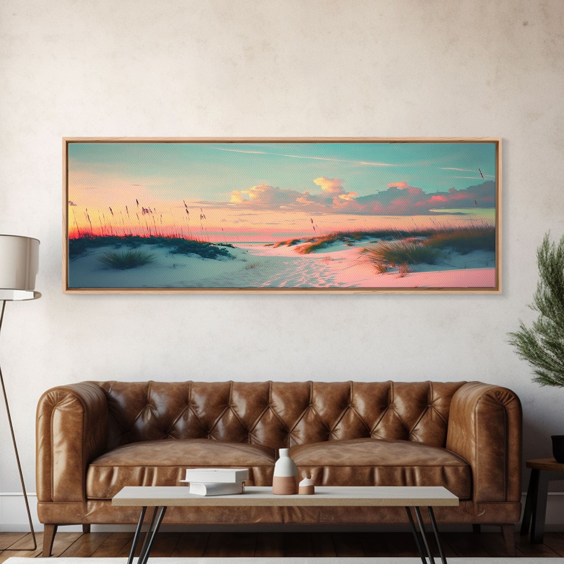 Panoramic Beach Dunes Sunset Sea Grass Pastel Teal Sky Wall Poster