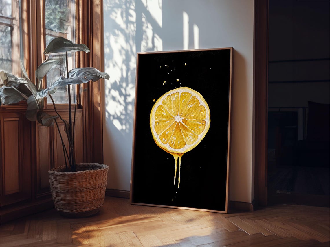 Fresh Lemon Slice Cross Section On Black Modern Kitchen Print - Image 6
