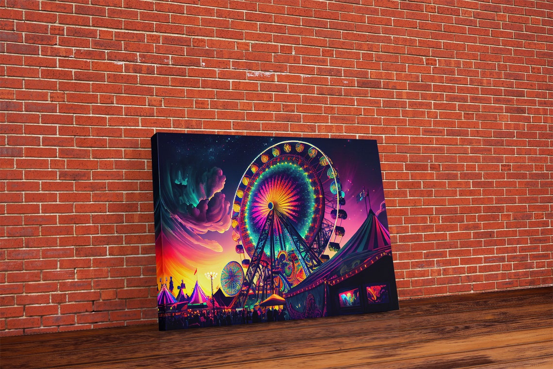 Synthwave Carnival Neon Ferris Wheel Night Sky Colorful Poster