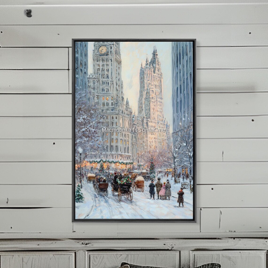 Historic City Street Snowy Horse Carriages At Christmas Night Poster