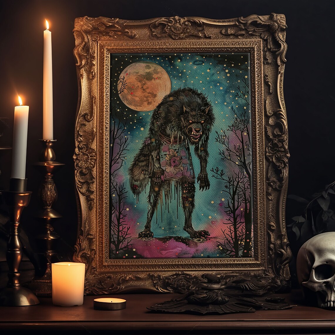 Halloween Werewolf Full Moon Art Print, Spooky Decor - Image 6