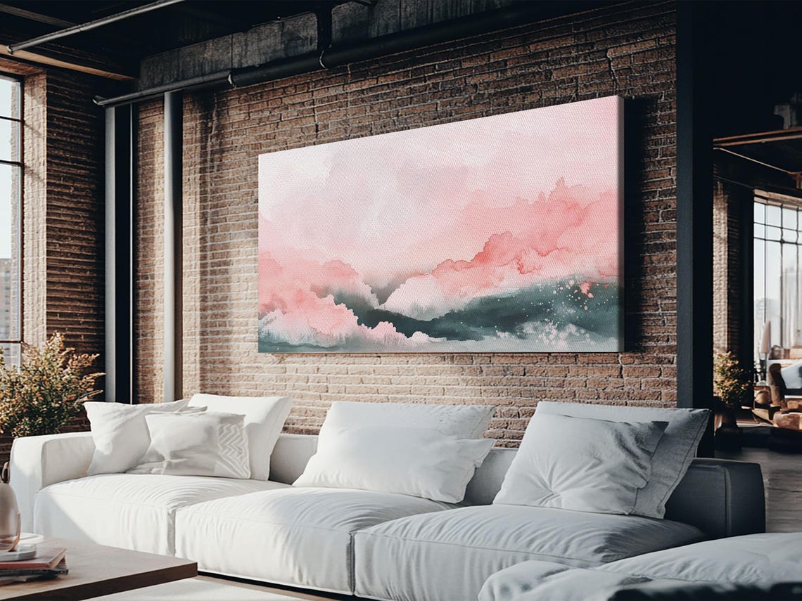 Pink Clouds Over Teal Waves Wide Abstract Watercolor Ocean Sky Poster - Image 5