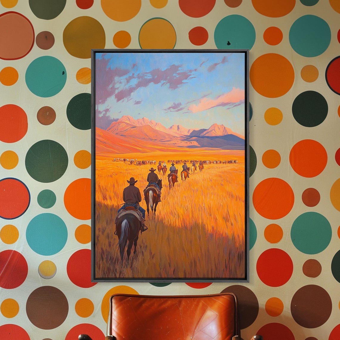 Cowboys Riding Golden Grassland Toward Mountains Sunset Poster - Image 4